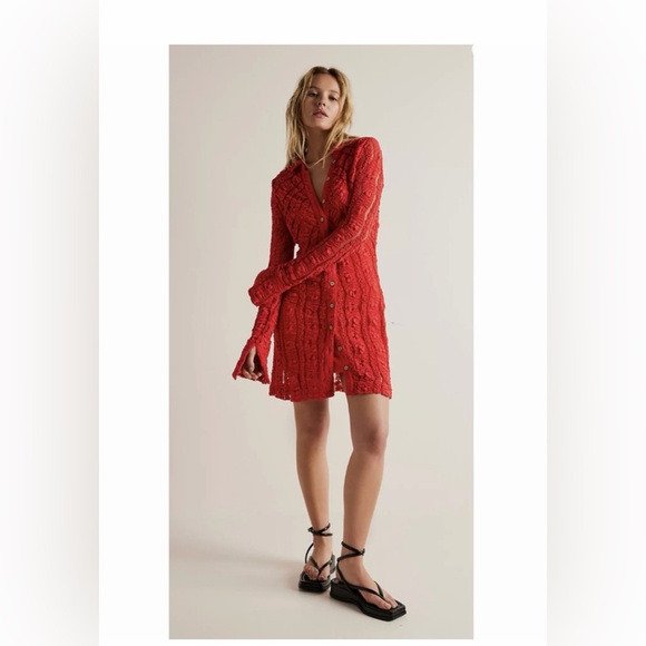 Free People Shayla Lace Mini Dress in Red size L new never worn - Picture 2 of 3